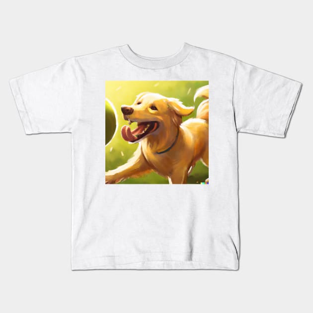 Golden retriever playing with ball happily and energetically on a playing field Kids T-Shirt by ramith-concept